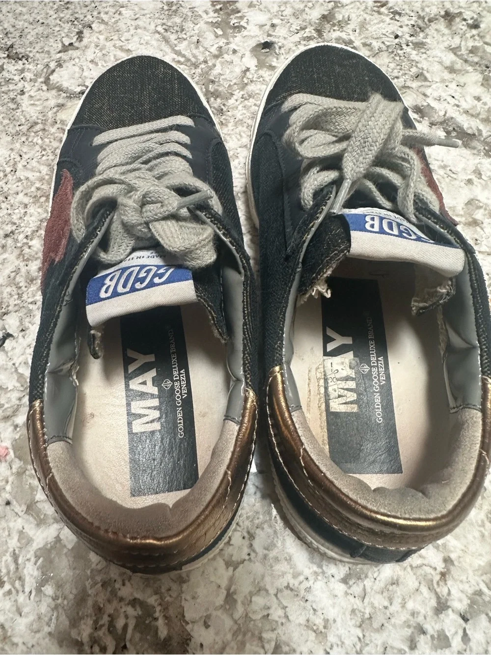 Golden Goose Navy Denim Sneakers with Red Star and Gold Heel